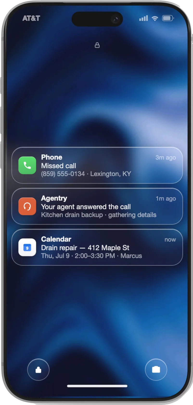 A phone lock screen: a missed call, then Agentry answering it, then the job booked on the calendar